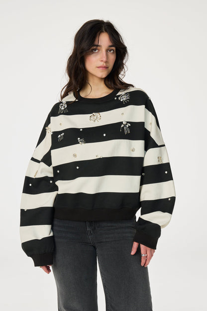 Sweater En Coton Biologique | Rayures Noires Et Blanches | Coupe Ample Et Manches Bouffantes | Parfait Pour Un Look Décontracté