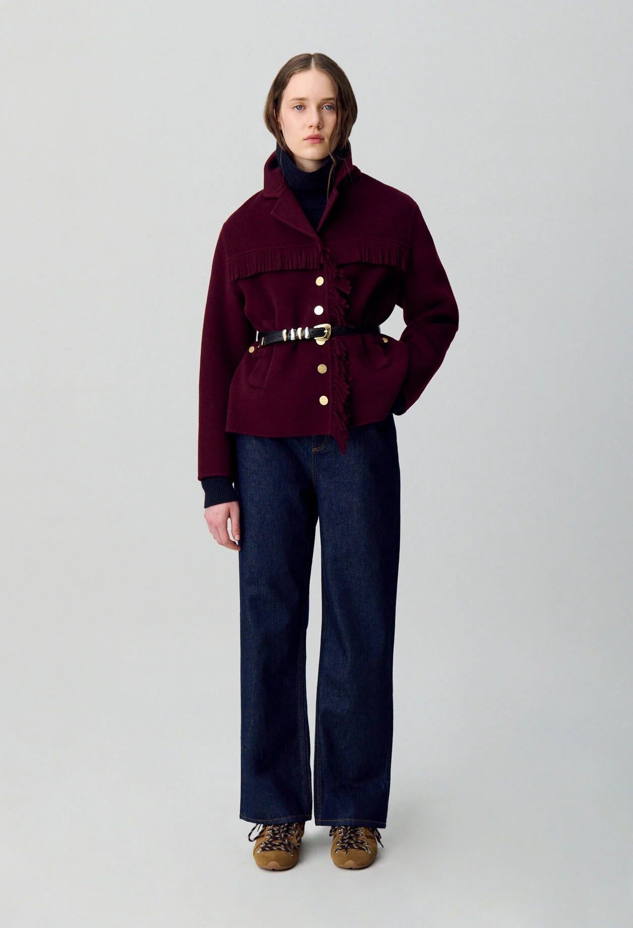 Manteau Femme | Court Et Ceinturé | En Laine Avec Détails Franges Et Boutons Dorés