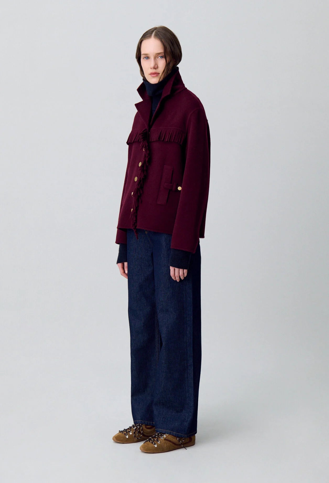 Manteau Femme | Court Et Ceinturé | En Laine Avec Détails Franges Et Boutons Dorés