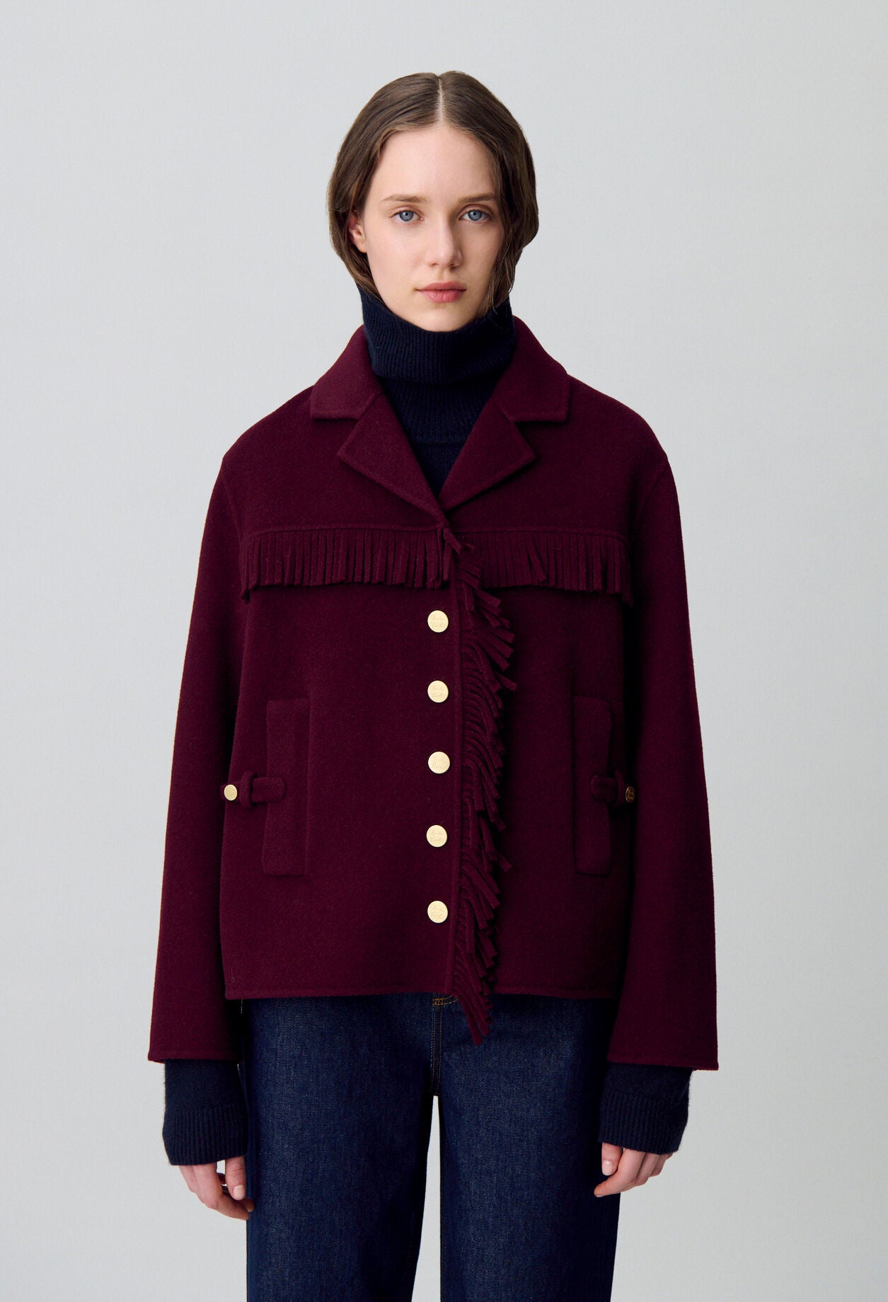 Manteau Femme | Court Et Ceinturé | En Laine Avec Détails Franges Et Boutons Dorés