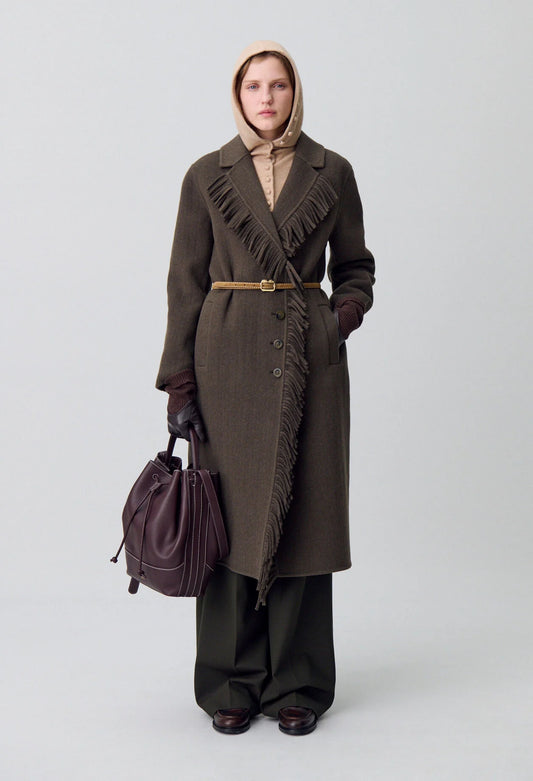 Manteau Femme | Long Et Ceinturé | En Laine Avec Franges Élégantes