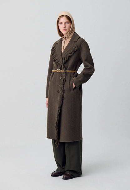 Manteau Femme | Long Et Ceinturé | En Laine Avec Franges Élégantes