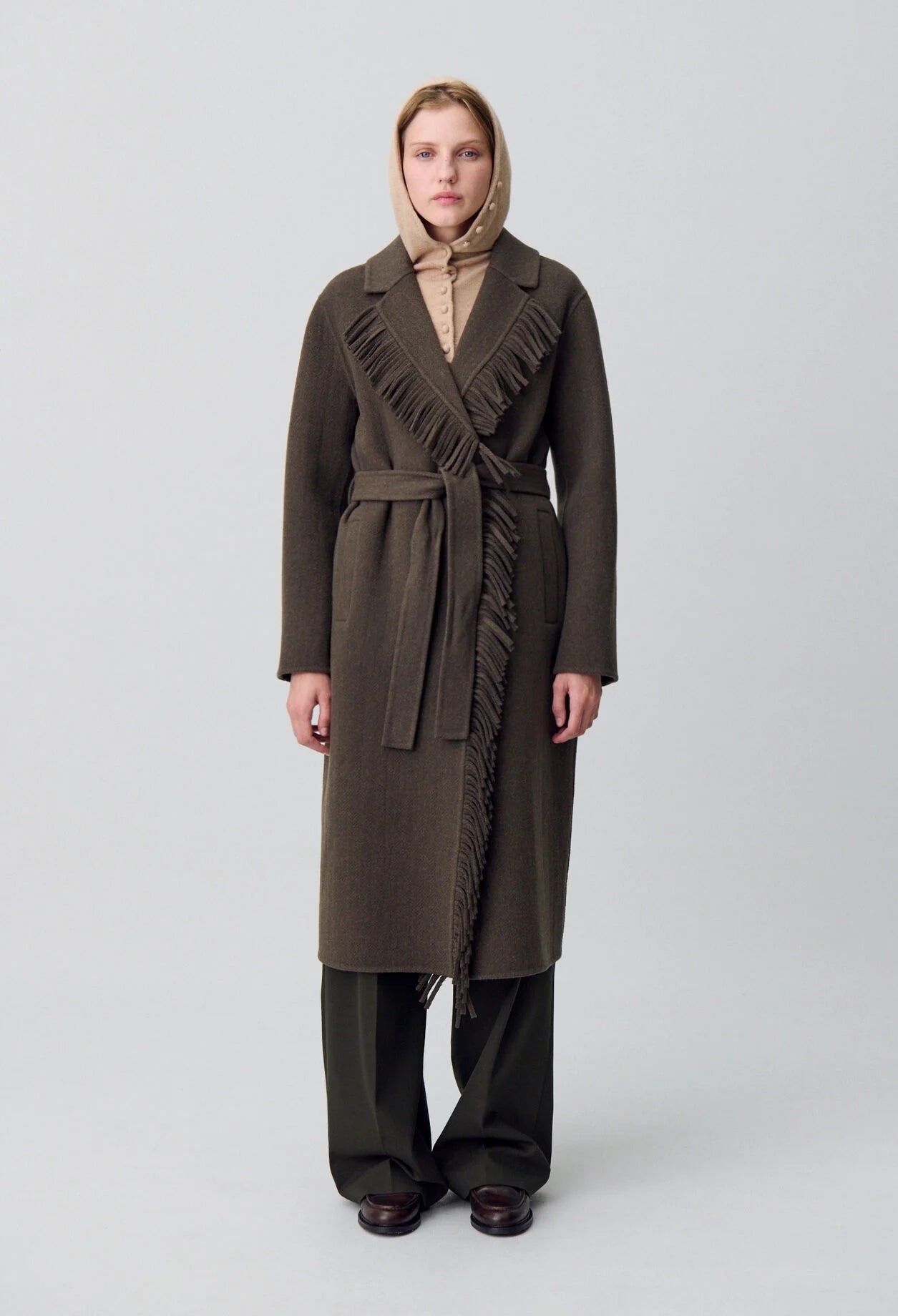 Manteau Femme | Long Et Ceinturé | En Laine Avec Franges Élégantes