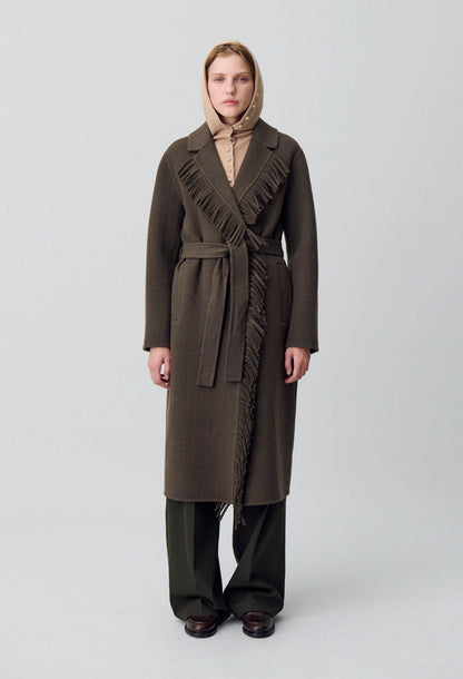 Manteau Femme | Long Et Ceinturé | En Laine Avec Franges Élégantes
