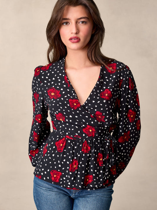 Blouse Femme Portefeuille | Motif Fleuri et Pois | Parfaite pour un Look Élégant du Quotidien