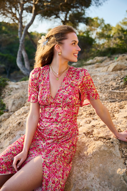 Robe En Viscose | Coupe Fluide Et Féminine | Col V Et Imprimé Feuillage | Parfaite Pour L’Été Ou La Mi-Saison