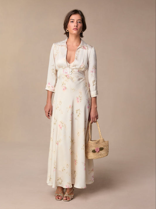 Robe Longue Fleurie Ecrue | Romantique & Fluide | Mariages & Soirées D’été | Viscose Légère