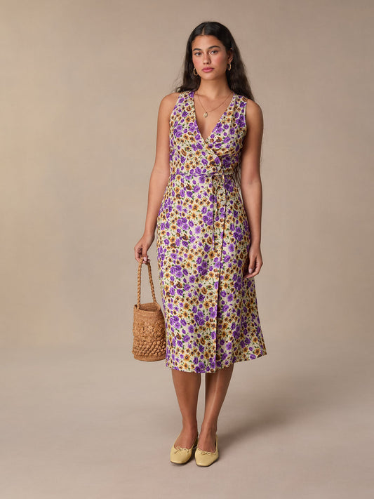 Robe Midi Fleurie Violet et Jaune | Vive & Féminine | Été & Balades Ensoleillées | Tissu Fluide