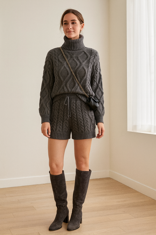 Ensemble Femme | Maille Torsadée Chaude Et Confortable | Pull Col Roulé Et Short | Parfait Pour Un Look Cosy Chic