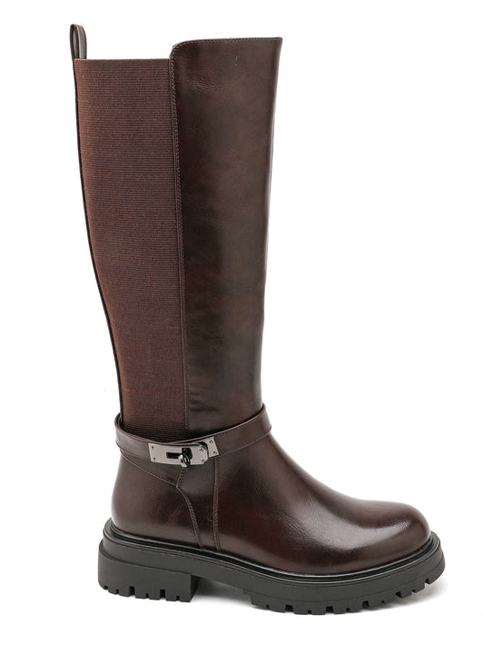 Bottes Hautes Femme | PU Effet Cuir Et Arrière Stretch | Style Classique Et Confortable Pour L’Hiver