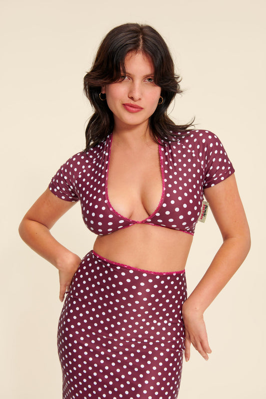 Crop Top Femme | Maille Transparente | Pois Blancs | Idéal pour Festival ou Été