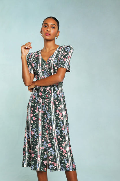 Robe Midi Fleurie Ceinturée | Vintage & Structurée | Printemps & Tenues Habillées | Tissu Fluide