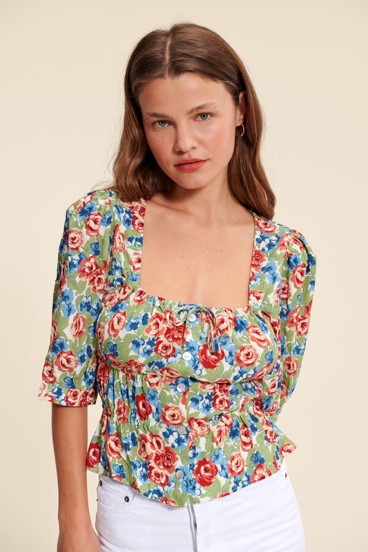 Blouse Fleurie | Encolure Carrée | Légère Et Colorée | Idéale Pour Les Journées Ensoleillées Et Brunchs