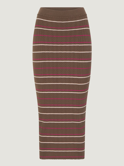 Jupe Midi | Brune À Rayures Multicolores | Moderne Et Confortable | Idéale Pour La Saison