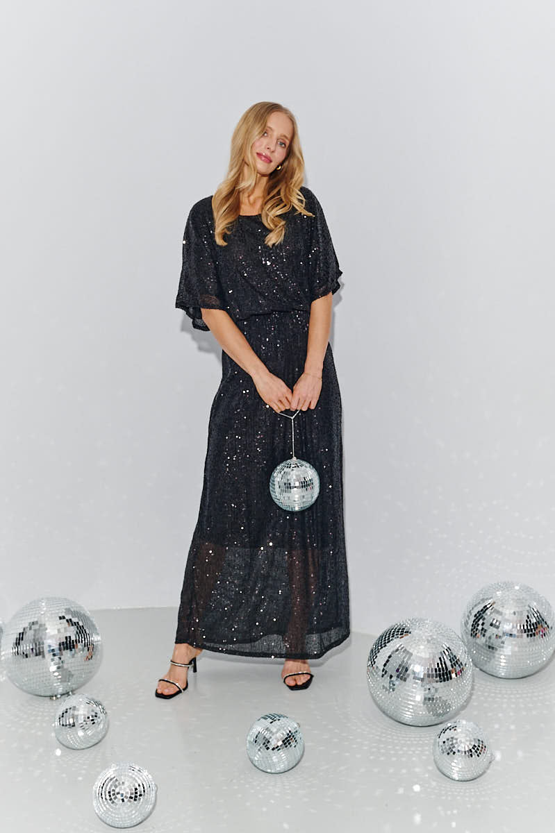 Robe Longue Femme | Tissu Pailleté Fluide | Taille Élastiquée Et Manches Amples | Parfaite Pour Les Soirées Et Événements Chic