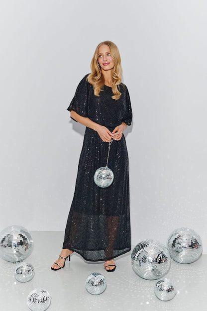 Robe Longue Femme | Tissu Pailleté Fluide | Taille Élastiquée Et Manches Amples | Parfaite Pour Les Soirées Et Événements Chic