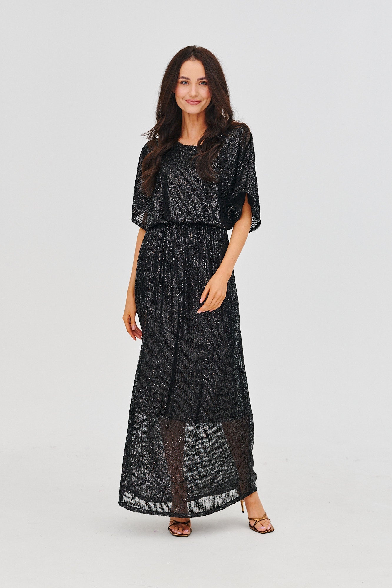 Robe Longue Femme | Tissu Pailleté Fluide | Taille Élastiquée Et Manches Amples | Parfaite Pour Les Soirées Et Événements Chic