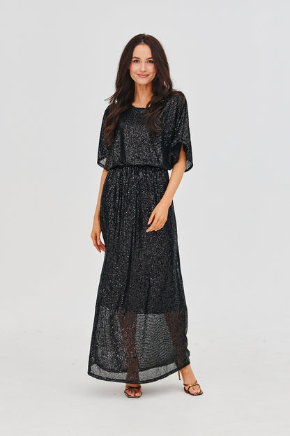 Robe Longue Femme | Tissu Pailleté Fluide | Taille Élastiquée Et Manches Amples | Parfaite Pour Les Soirées Et Événements Chic