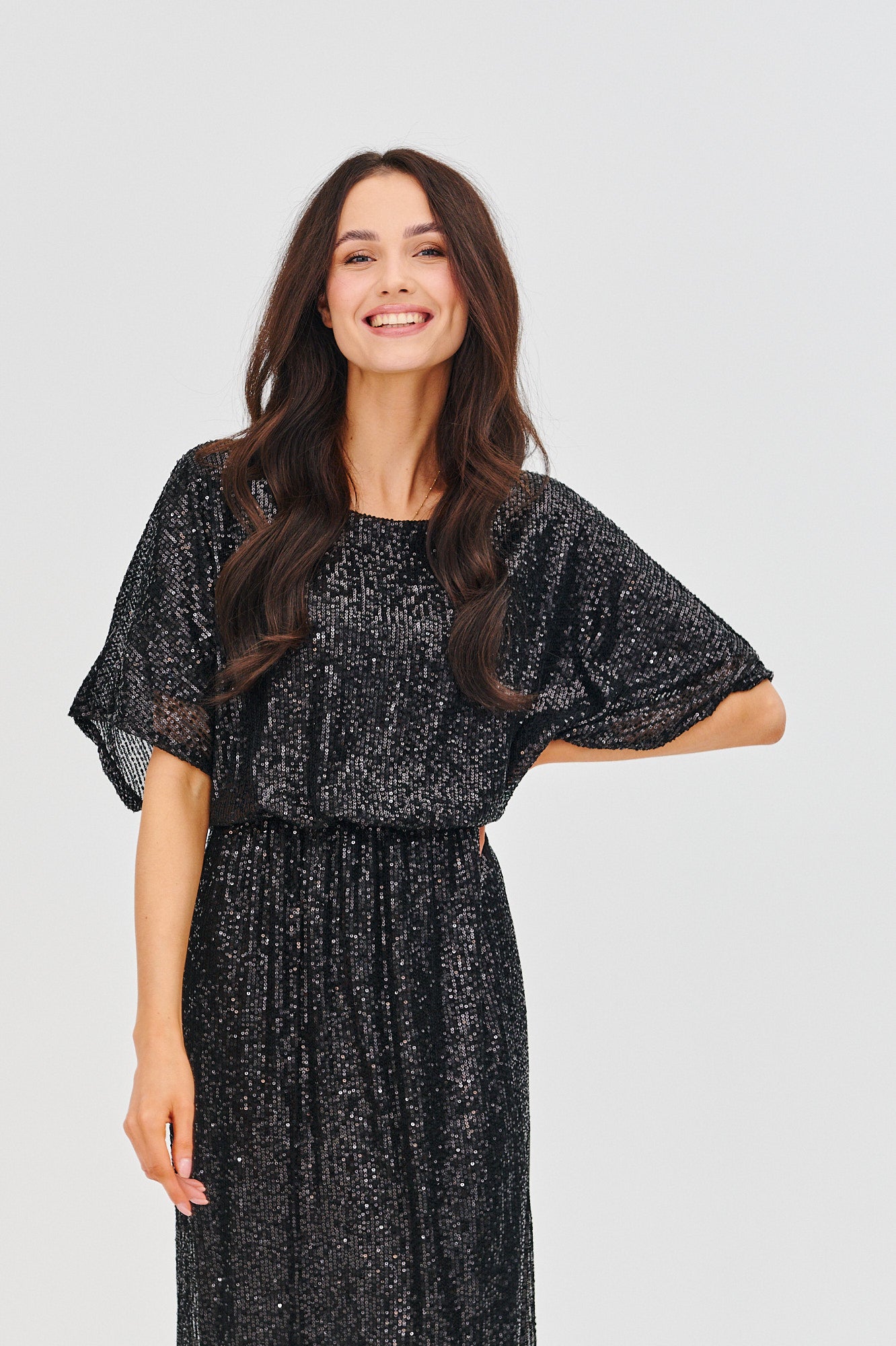 Robe Longue Femme | Tissu Pailleté Fluide | Taille Élastiquée Et Manches Amples | Parfaite Pour Les Soirées Et Événements Chic