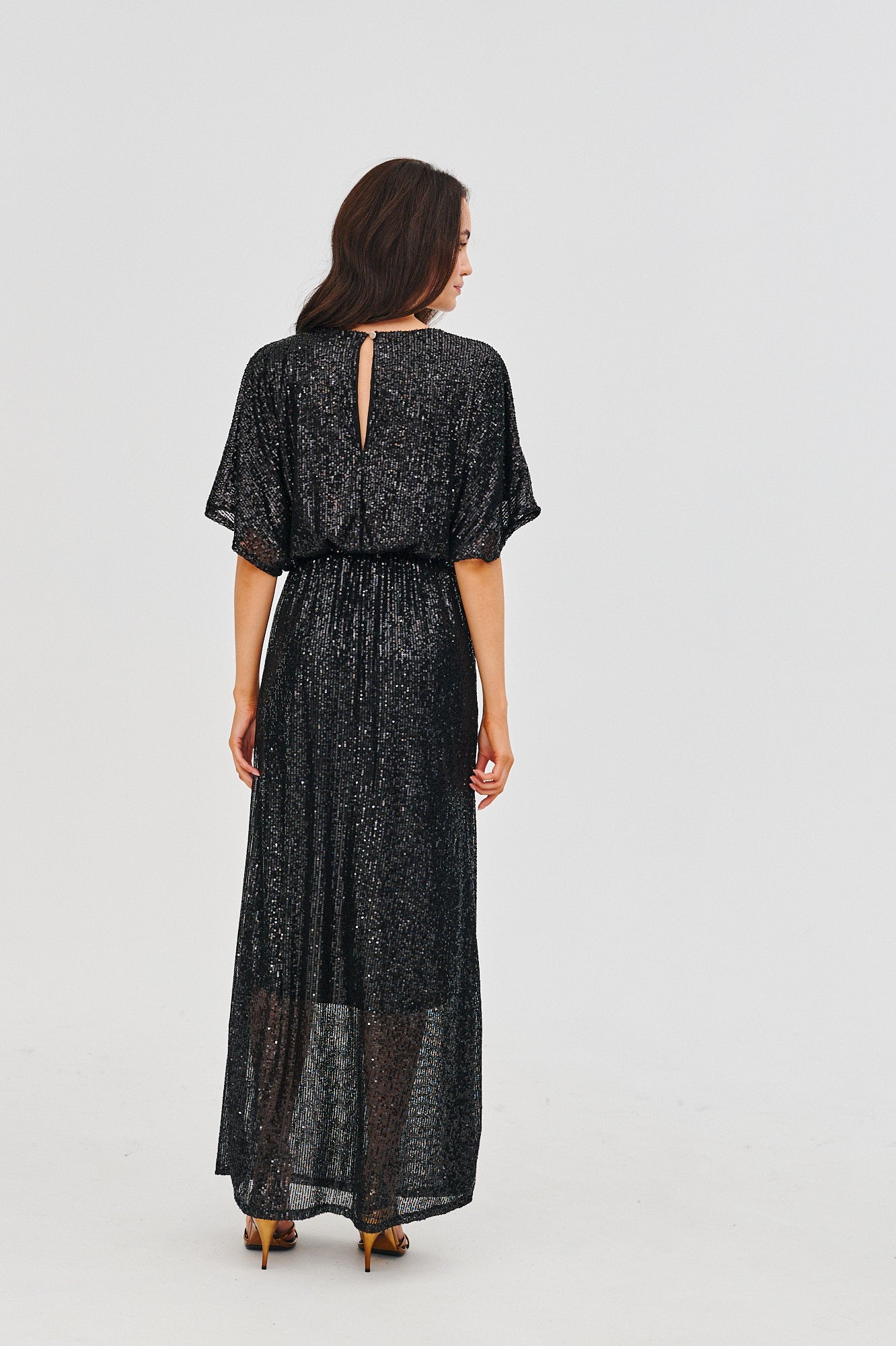 Robe Longue Femme | Tissu Pailleté Fluide | Taille Élastiquée Et Manches Amples | Parfaite Pour Les Soirées Et Événements Chic