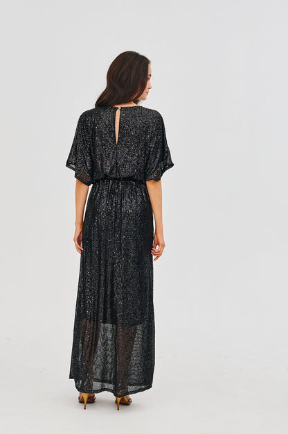 Robe Longue Femme | Tissu Pailleté Fluide | Taille Élastiquée Et Manches Amples | Parfaite Pour Les Soirées Et Événements Chic