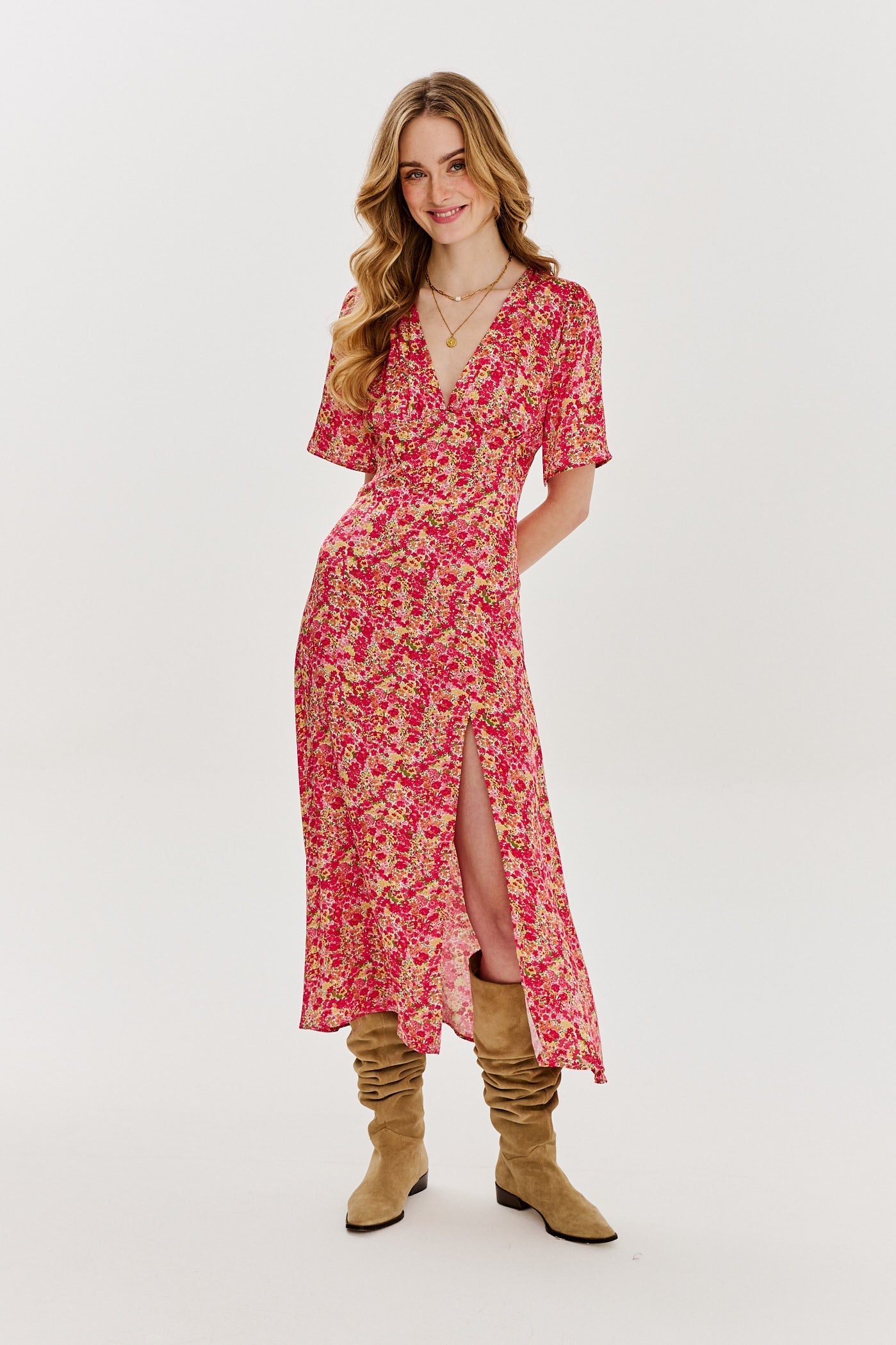 Robe En Viscose | Coupe Fluide Et Féminine | Col V Et Imprimé Feuillage | Parfaite Pour L’Été Ou La Mi-Saison