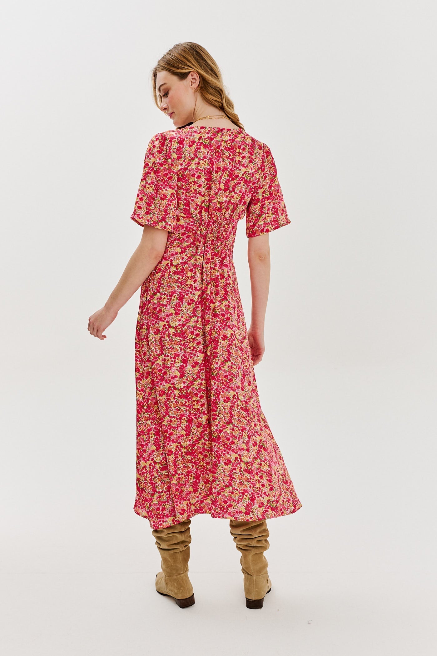 Robe En Viscose | Coupe Fluide Et Féminine | Col V Et Imprimé Feuillage | Parfaite Pour L’Été Ou La Mi-Saison