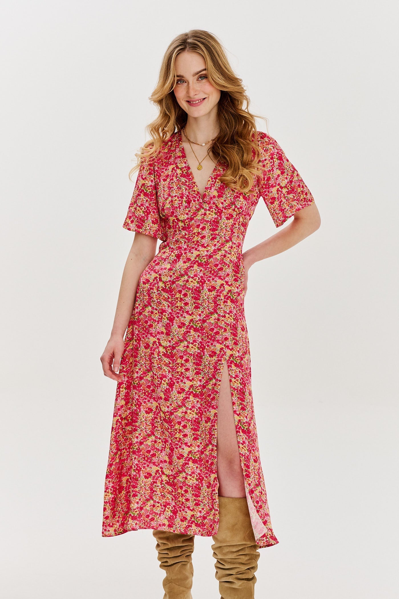 Robe En Viscose | Coupe Fluide Et Féminine | Col V Et Imprimé Feuillage | Parfaite Pour L’Été Ou La Mi-Saison