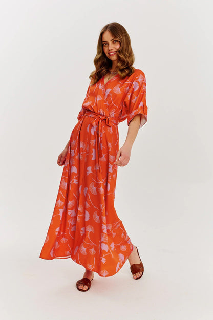 Robe En Viscose | Fluide Et Ceinturée | Imprimé Feuillage Léger | Parfaite Pour L’Été Et Les Vacances