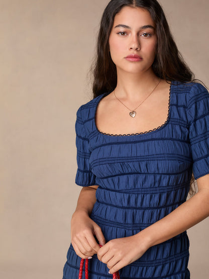 Robe Courte Bleue Smockée | Jeunesse & Confort | Été & Quotidien | Maille Extensible