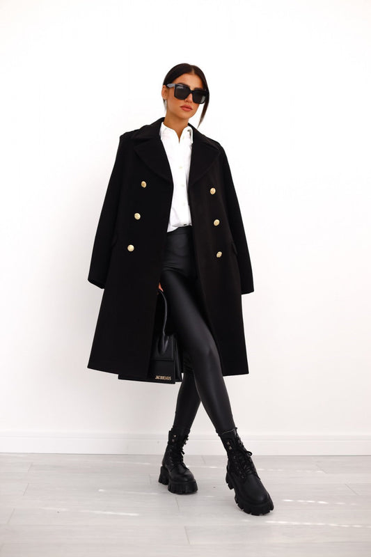 Manteau Long Femme | Noir Classique Et Élégant | Avec Boutons Dorés Pour Un Look Structuré En Hiver