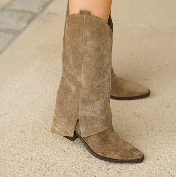 Bottes Femme | Cuir Véritable | Style Western | Marron Taupe Élégant