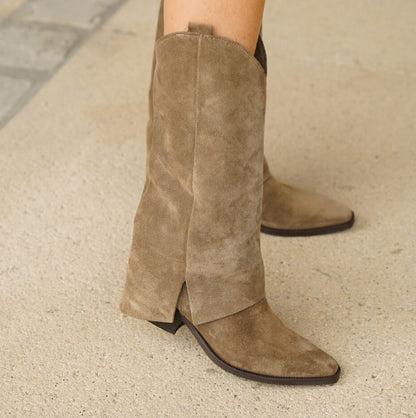Bottes Femme | Cuir Véritable | Style Western | Marron Taupe Élégant