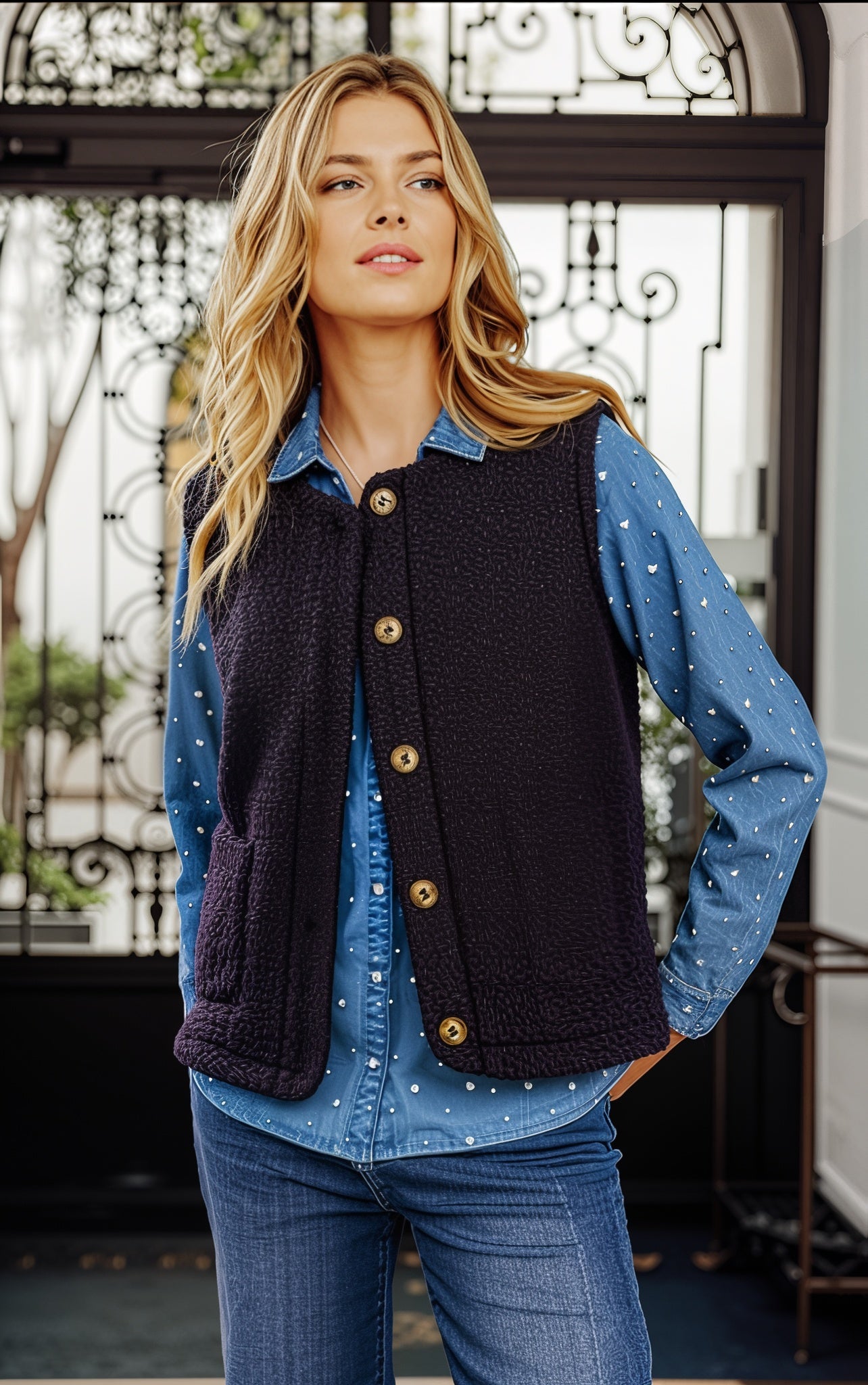 Gilet Sans Manches en Maille Bouclette