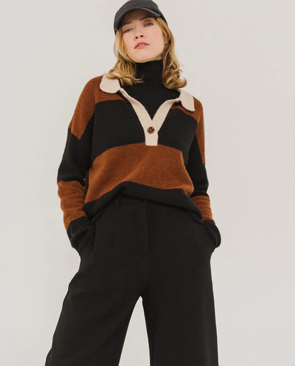 Pull Femme | Maille à Rayures | Col Zippé Style Sportif Chic et Décontracté