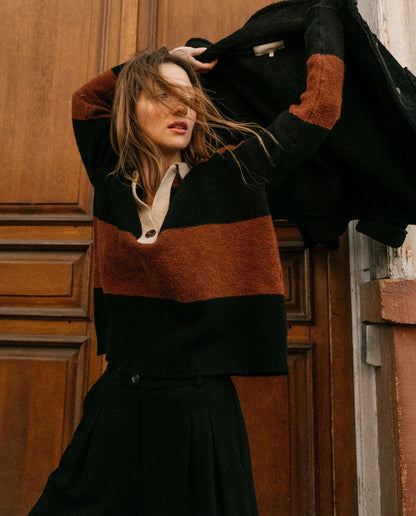 Pull Femme | Maille à Rayures | Col Zippé Style Sportif Chic et Décontracté