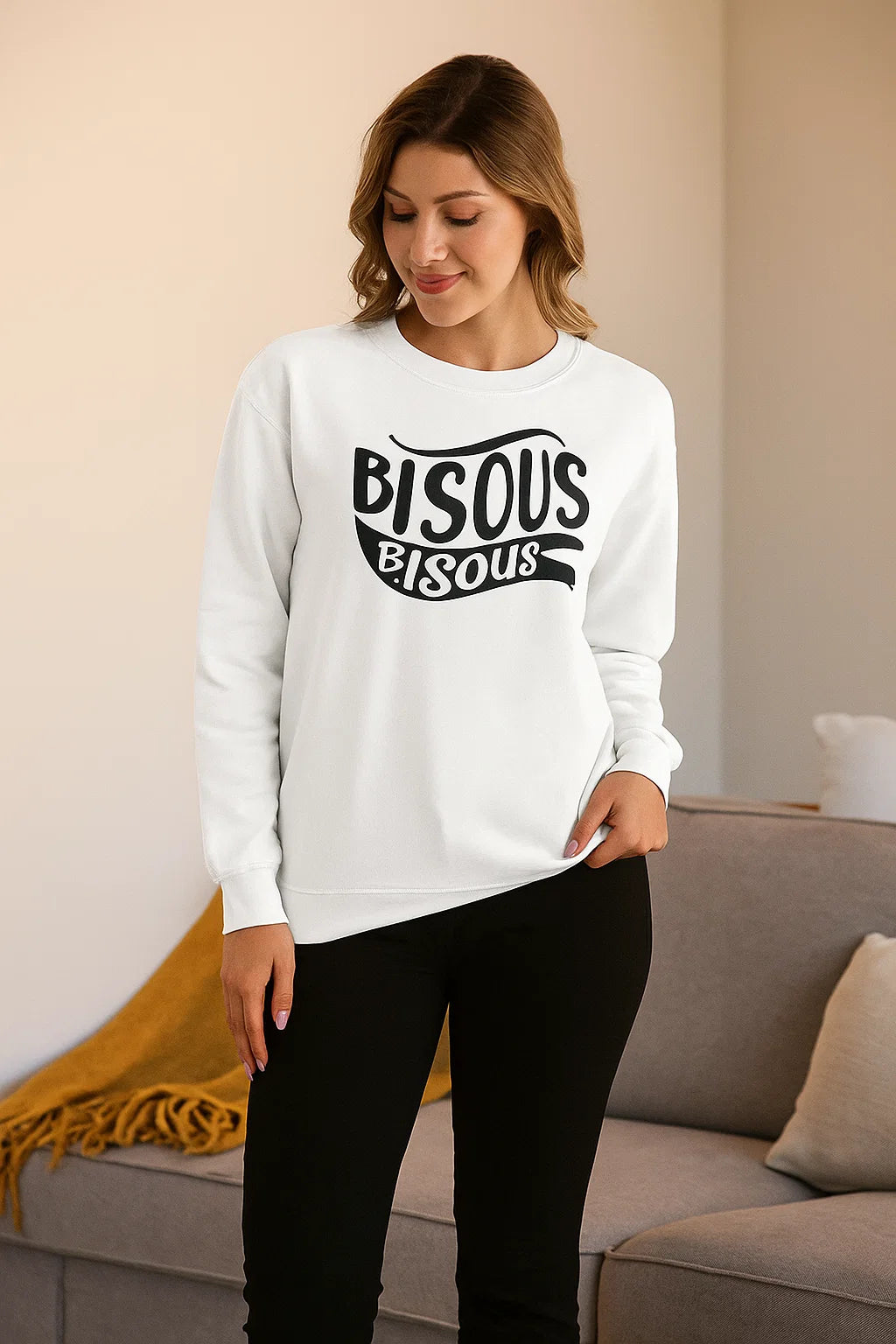 Sweatshirt Femme | Bisous Imprimé | Coton Mélangé | Blanc Confortable & Tendance