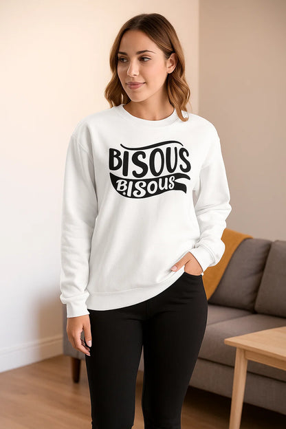 Sweatshirt Femme | Bisous Imprimé | Coton Mélangé | Blanc Confortable & Tendance