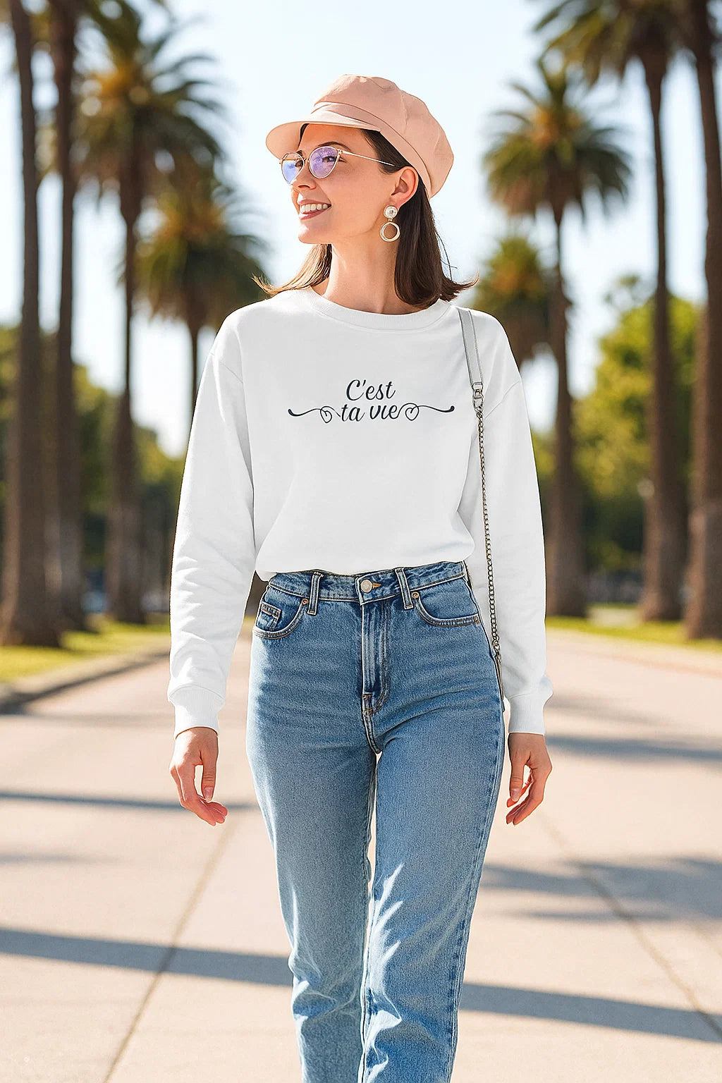 Sweatshirt Femme | C’est la vie | Coton Mélangé Blanc | Message Positif Chic