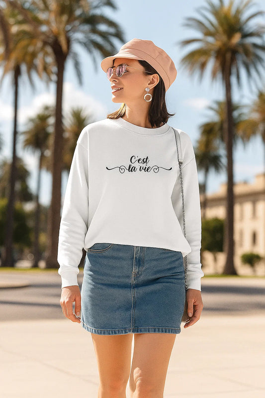 Sweatshirt Femme | C’est la vie | Coton Mélangé Blanc | Message Positif Chic