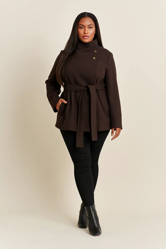 Manteau Femme | Col Montant Élégant | Ceinturé Et Chaud | Parfait Pour l’Hiver En Ville
