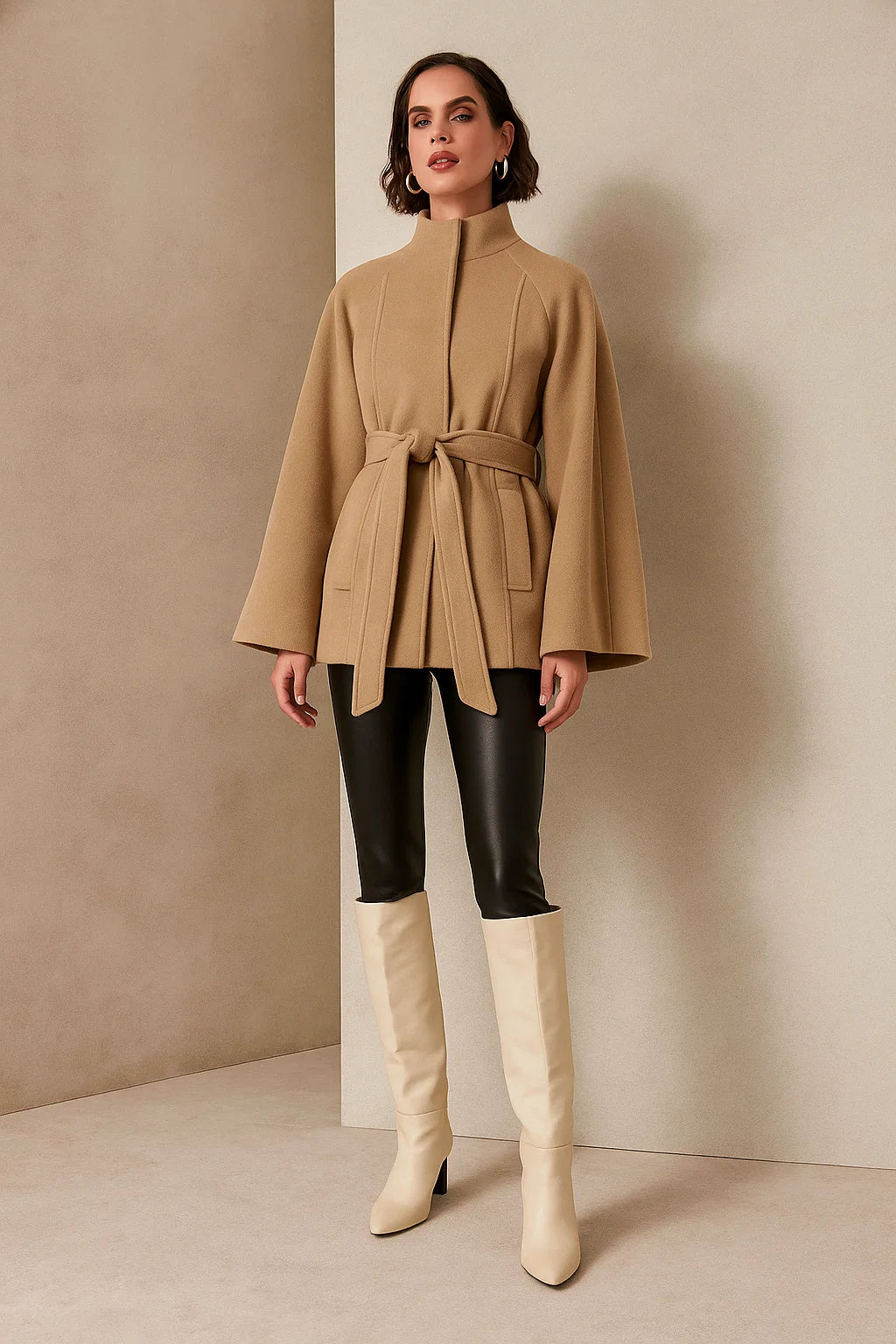 Manteau Femme | Coupe Moderne Et Ceinturée | Manches Évasées Élégantes | Parfait Pour l’Hiver Chic