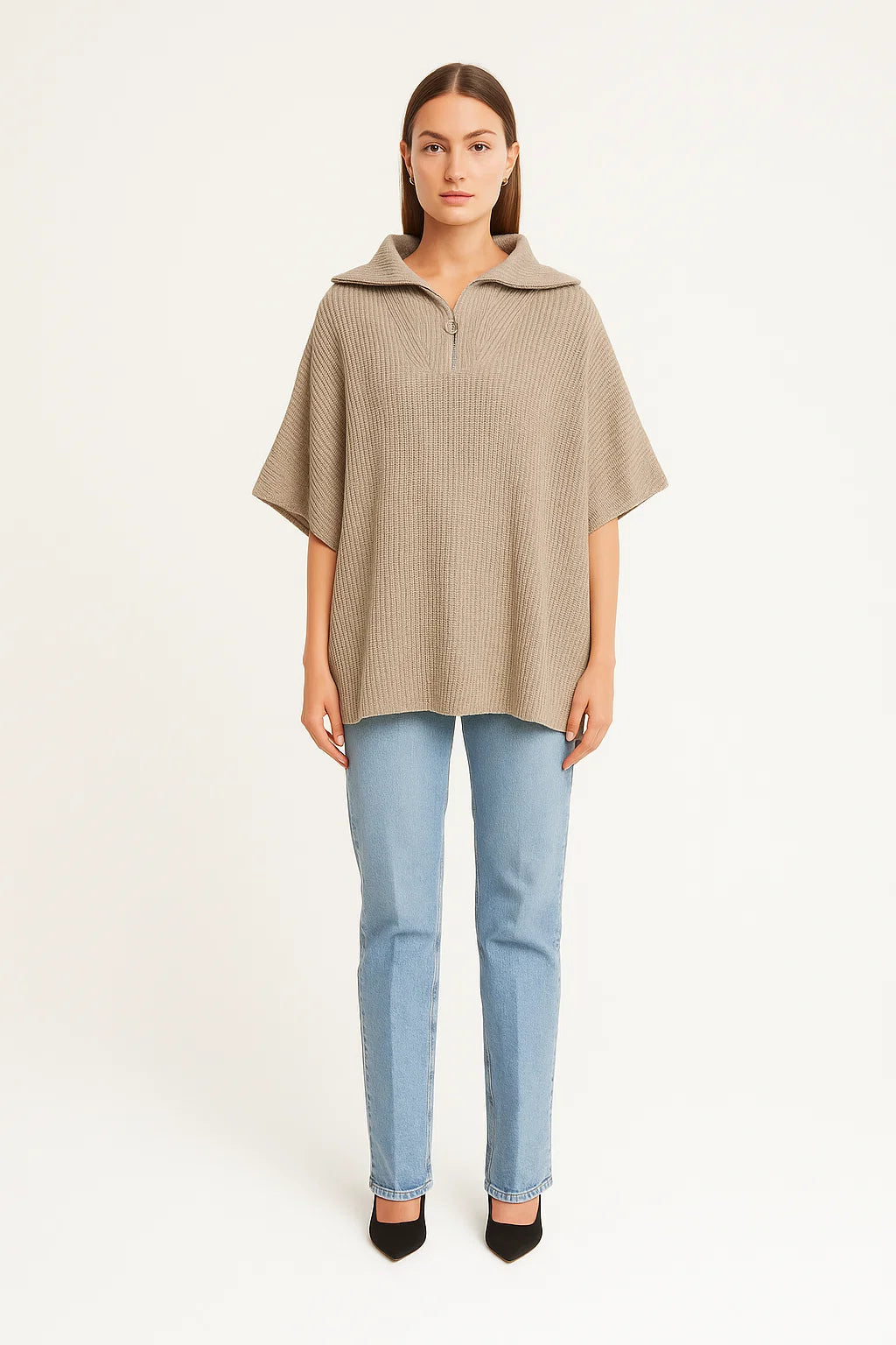 Poncho Zippé Femme | Acrylique | Maille Douce | Style Décontracté et Élégant