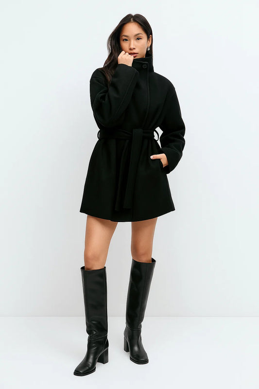 Manteau Femme | Noir Avec Ceinture | Col Montant Et Chaud Pour Hiver Élégant