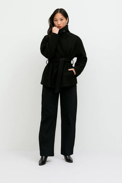 Manteau Femme | Noir Avec Ceinture | Col Montant Et Chaud Pour Hiver Élégant