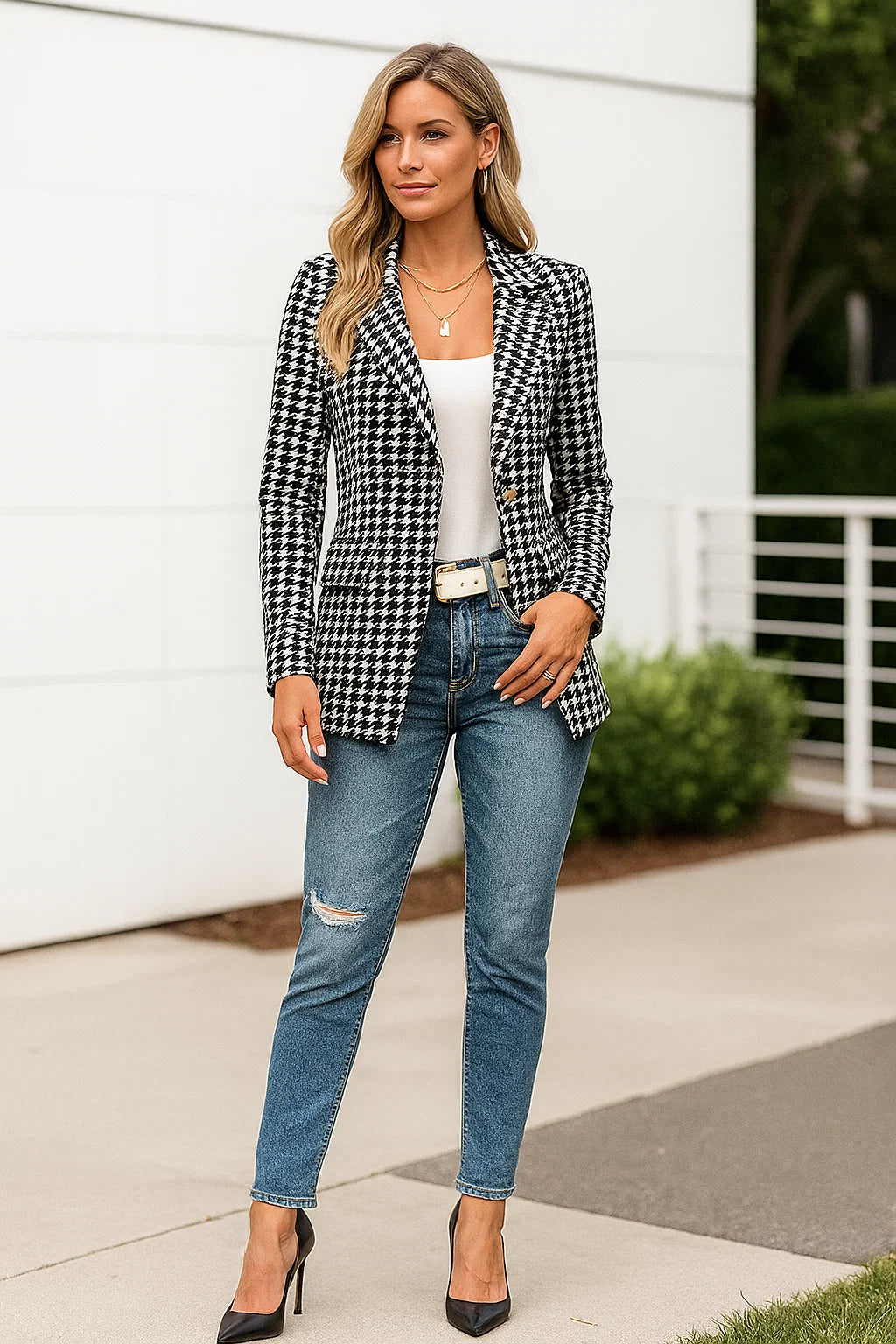 Blazer Femme | Motif Pied-De-Poule | Tissu Tissé Haut De Gamme | Idéal Pour Un Look Casual-Chic