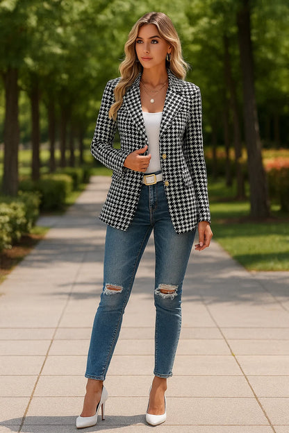 Blazer Femme | Motif Pied-De-Poule | Tissu Tissé Haut De Gamme | Idéal Pour Un Look Casual-Chic