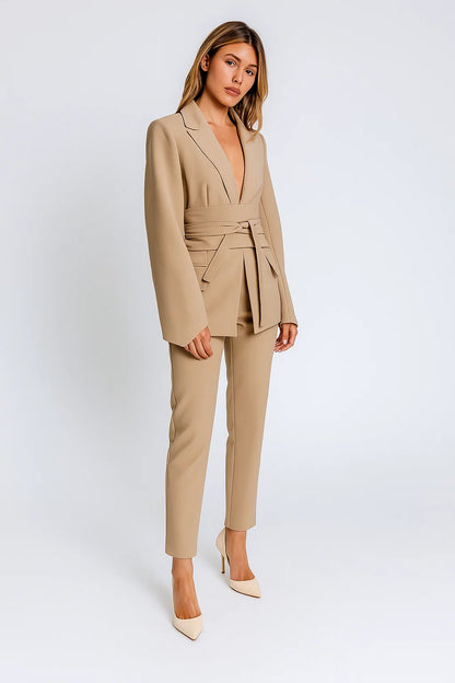 Blazer Femme | Coupe Longue et Ceinturée | Tissu Structuré Haut De Gamme | Parfait Pour Le Bureau Ou Les Occasions Spéciales