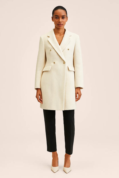 Manteau Femme | Coupe Longue | Double Boutonnage Doré | Tissu A Chevron | Élégant Pour l’Hiver