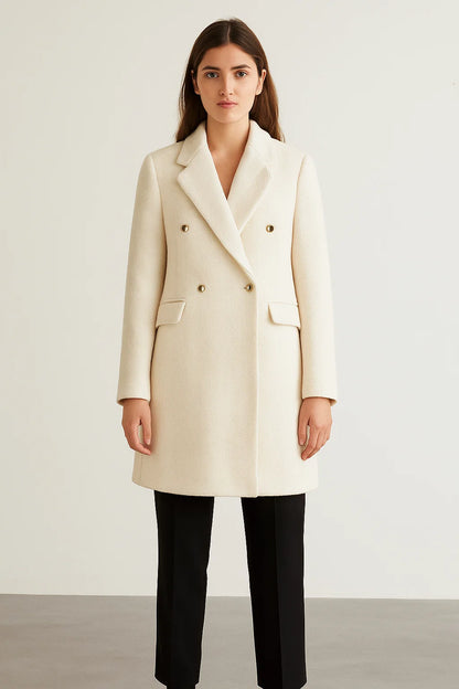 Manteau Femme | Coupe Longue | Double Boutonnage Doré | Tissu A Chevron | Élégant Pour l’Hiver